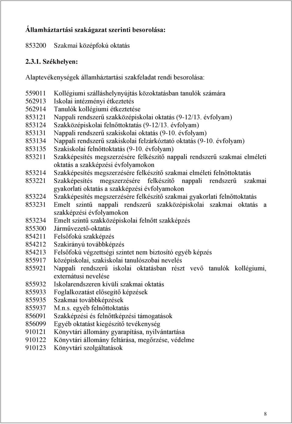 kollégiumi étkeztetése 853121 Nappali rendszerű szakközépiskolai oktatás (9-12/13. évfolyam) 853124 Szakközépiskolai felnőttoktatás (9-12/13.