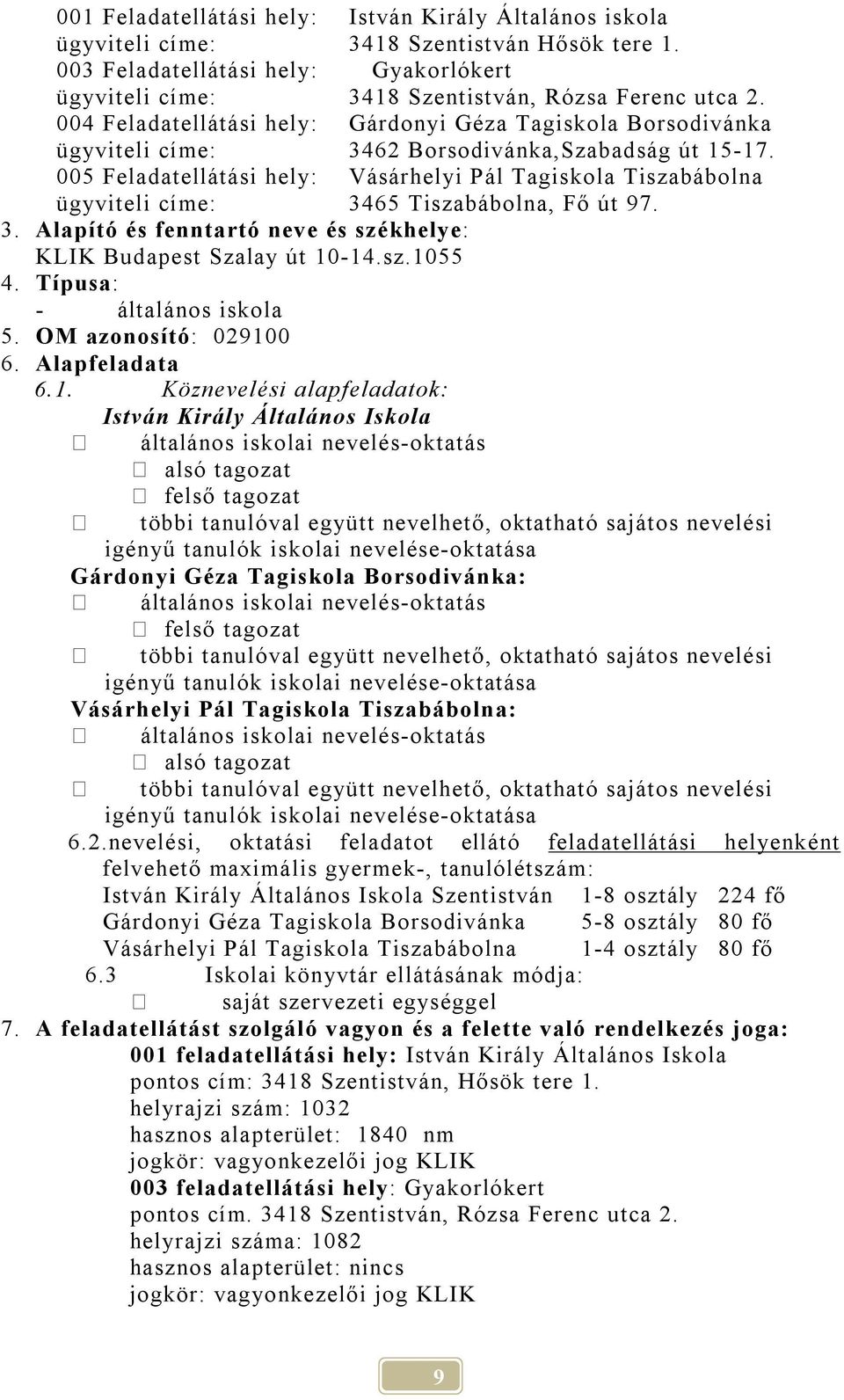 005 Feladatellátási hely: Vásárhelyi Pál Tagiskola Tiszabábolna ügyviteli címe: 3465 Tiszabábolna, Fő út 97. 3. Alapító és fenntartó neve és székhelye: KLIK Budapest Szalay út 10-14.sz.1055 4.