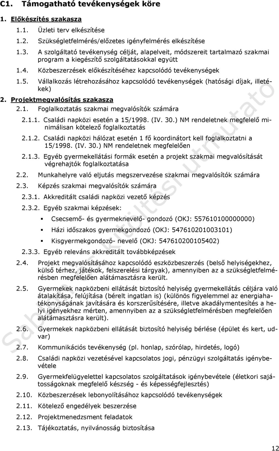 Vállalkozás létrehozásához kapcsolódó tevékenységek (hatósági díjak, illetékek) 2. Projektmegvalósítás szakasza 2.1. Foglalkoztatás szakmai megvalósítók számára 2.1.1. Családi napközi esetén a 15/1998.