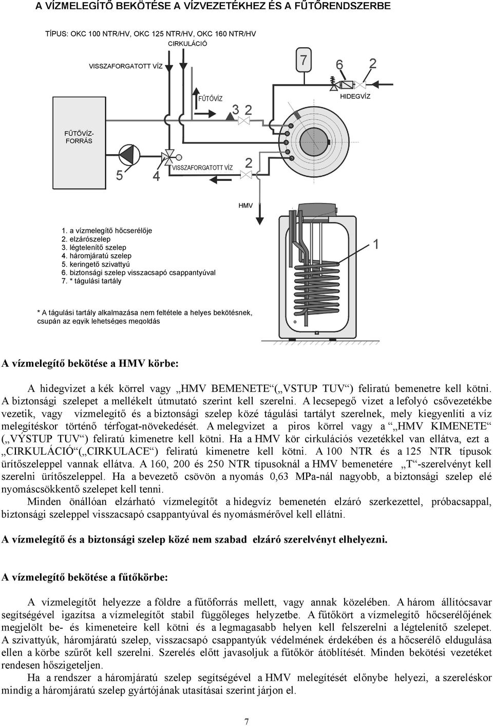 * tágulási tartály * A tágulási tartály alkalmazása nem feltétele a helyes bekötésnek, csupán az egyik lehetséges megoldás A vízmelegítő bekötése a HMV körbe: A hidegvizet a kék körrel vagy HMV