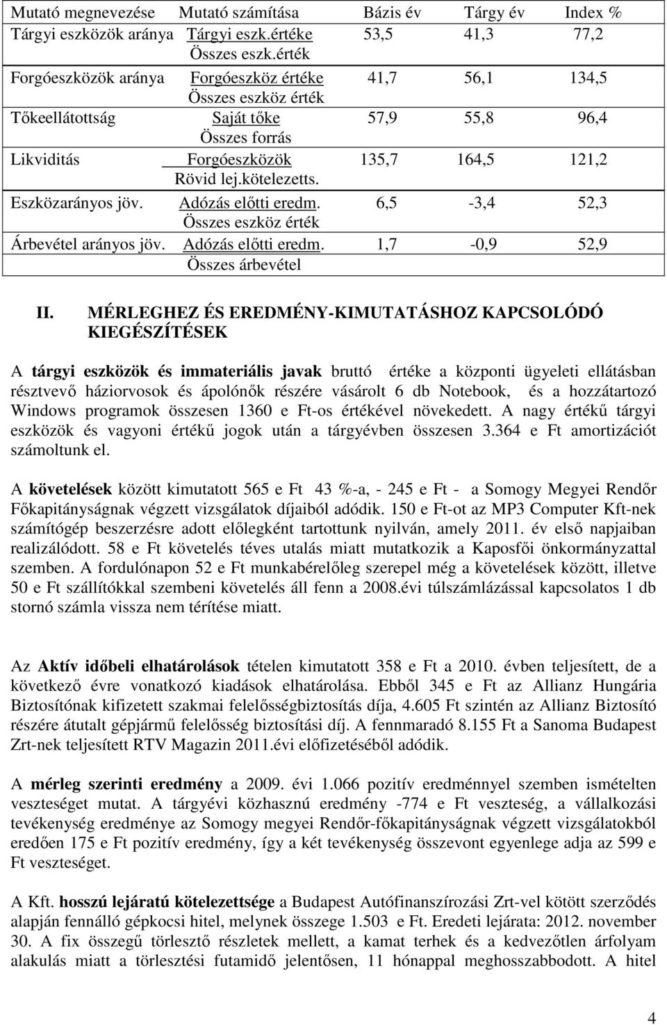 kötelezetts. Eszközarányos jöv. Adózás elıtti eredm. 6,5-3,4 52,3 Összes eszköz érték Árbevétel arányos jöv. Adózás elıtti eredm. 1,7-0,9 52,9 Összes árbevétel II.