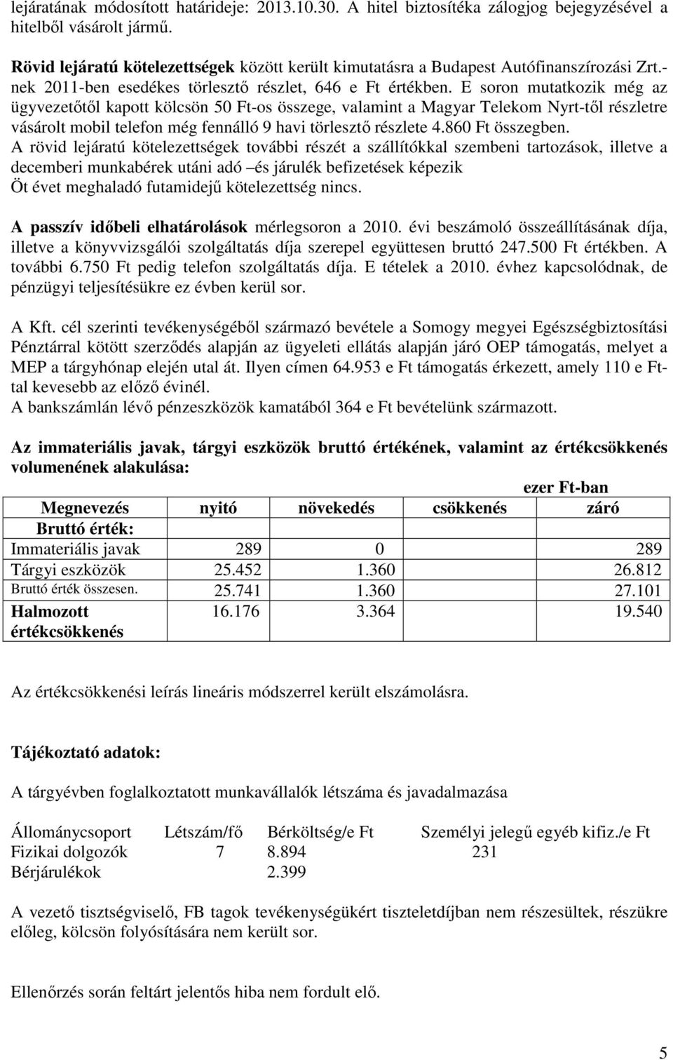 E soron mutatkozik még az ügyvezetıtıl kapott kölcsön 50 Ft-os összege, valamint a Magyar Telekom Nyrt-tıl részletre vásárolt mobil telefon még fennálló 9 havi törlesztı részlete 4.860 Ft összegben.