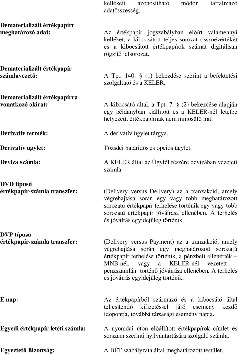 értékpapír-számla transzfer: DVP típusú értékpapír-számla transzfer: Az értékpapír jogszabályban előírt valamennyi kelléket, a kibocsátott teljes sorozat össznévértékét és a kibocsátott értékpapírok