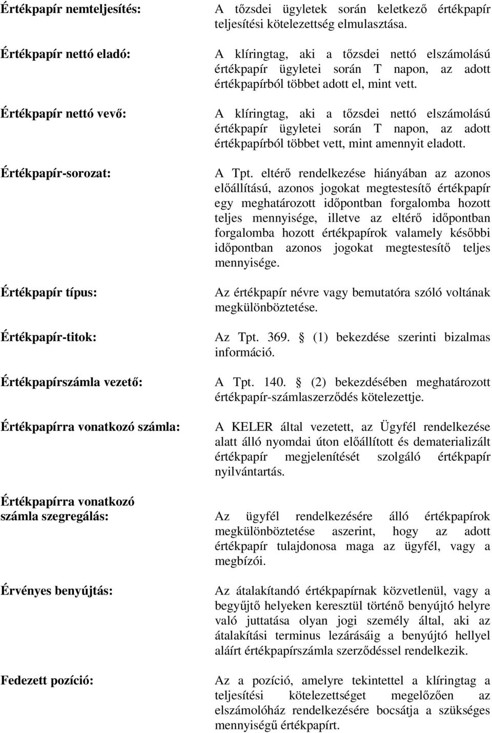 A klíringtag, aki a tőzsdei nettó elszámolású értékpapír ügyletei során T napon, az adott értékpapírból többet adott el, mint vett.