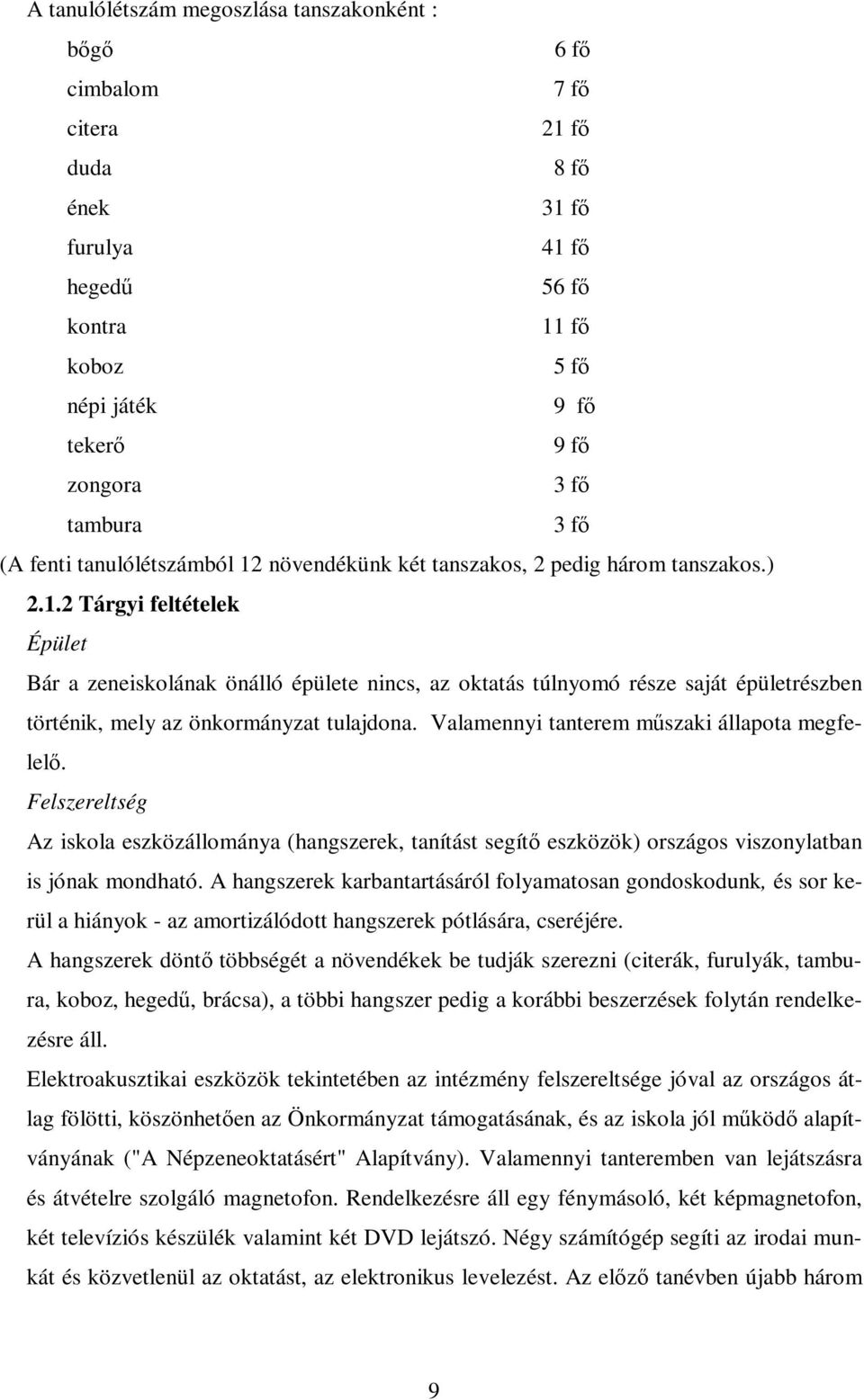 Valamennyi tanterem mőszaki állapota megfelelı. Felszereltség Az iskola eszközállománya (hangszerek, tanítást segítı eszközök) országos viszonylatban is jónak mondható.