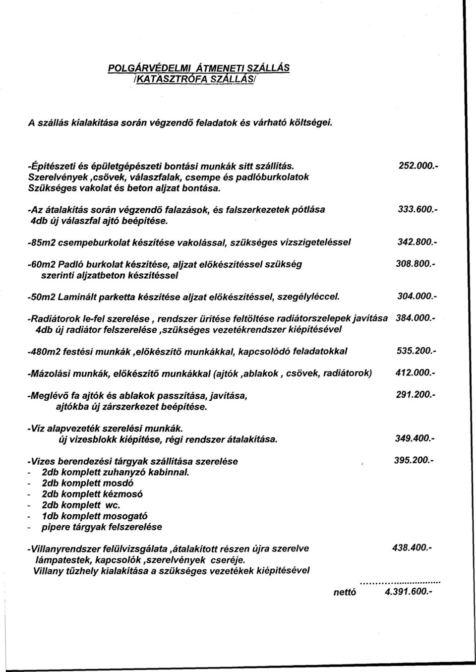 - 4db új válaszfal ajtó beépítése. -85m2 csempeburkolat készítése vakolással, szükséges vízszigeteléssel 342.800.