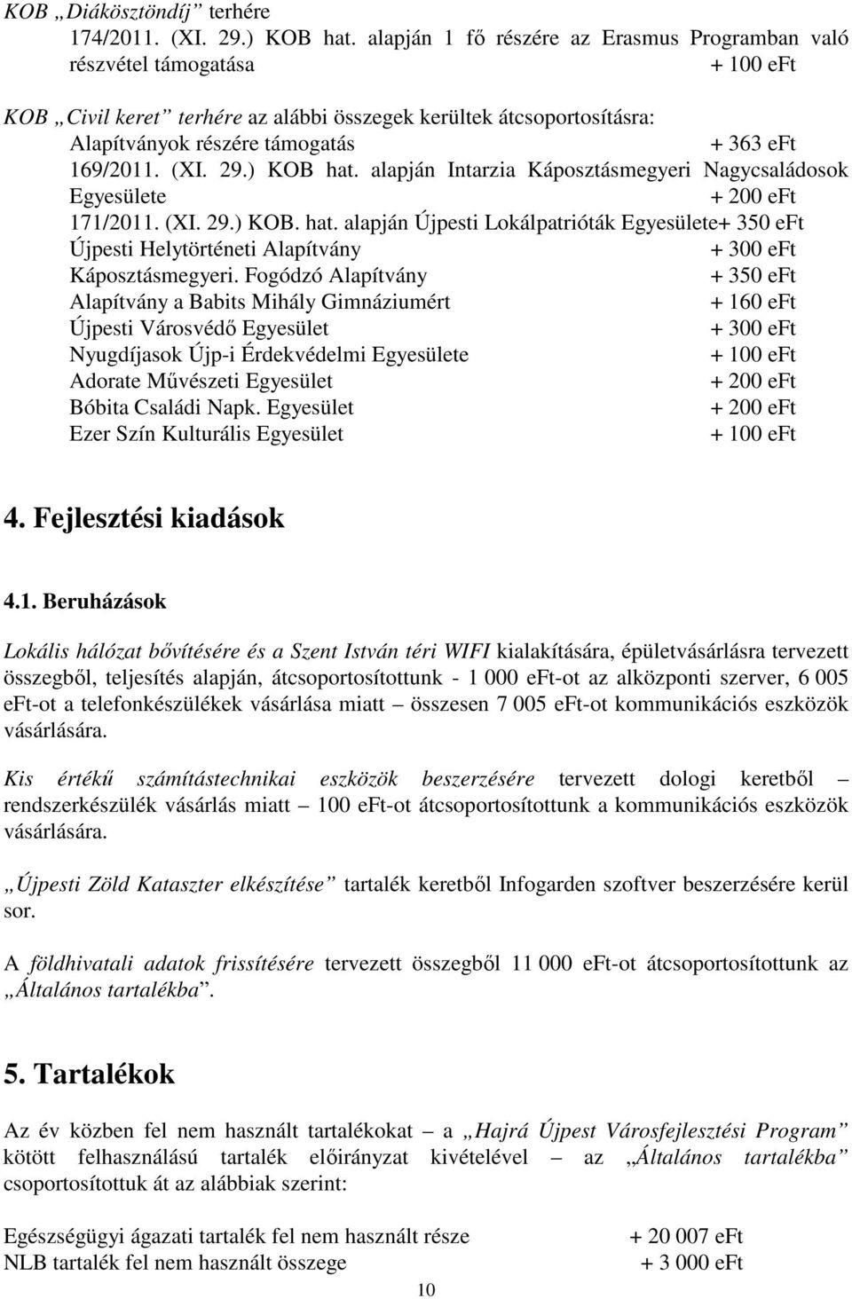 (XI. 29.) KOB hat. alapján Intarzia Káposztásmegyeri Nagycsaládosok Egyesülete + 200 eft 171/2011. (XI. 29.) KOB. hat. alapján Újpesti Lokálpatrióták Egyesülete+ 350 eft Újpesti Helytörténeti Alapítvány + 300 eft Káposztásmegyeri.