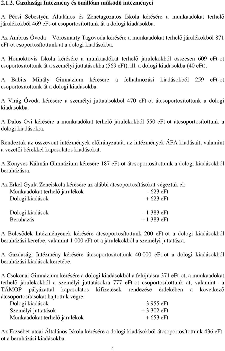 A Homoktövis Iskola kérésére a munkaadókat terhelı járulékokból összesen 609 eft-ot csoportosítottunk át a személyi juttatásokba (569 eft), ill. a dologi kiadásokba (40 eft).