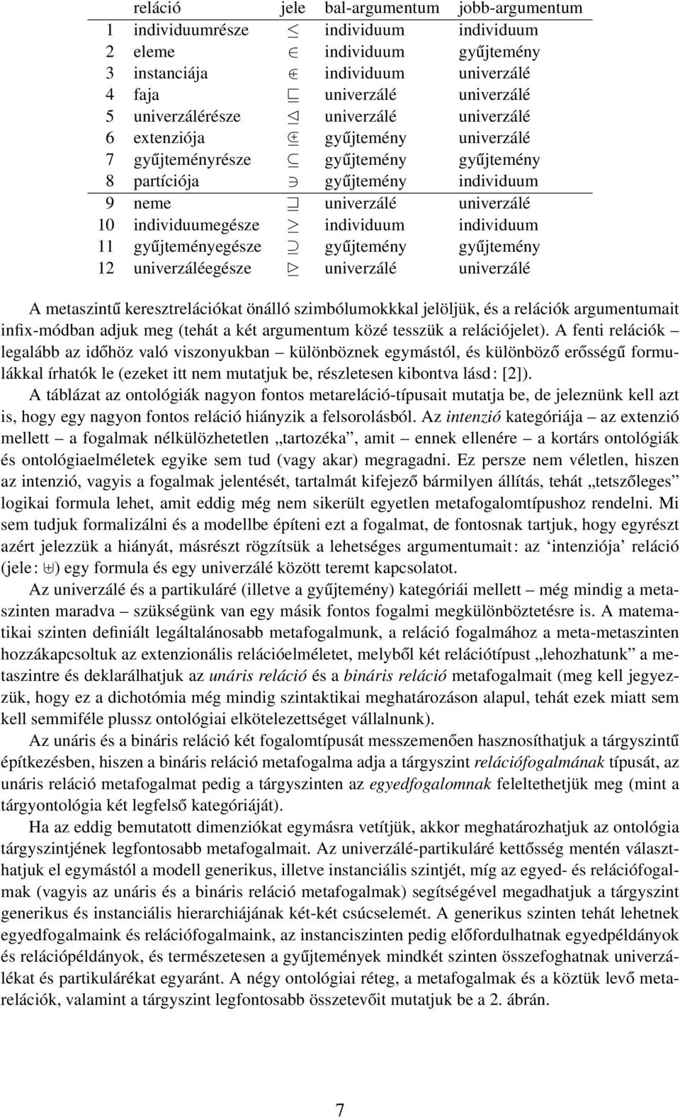 individuum 11 gyűjteményegésze gyűjtemény gyűjtemény 12 univerzáléegésze univerzálé univerzálé A metaszintű keresztrelációkat önálló szimbólumokkkal jelöljük, és a relációk argumentumait infix-módban