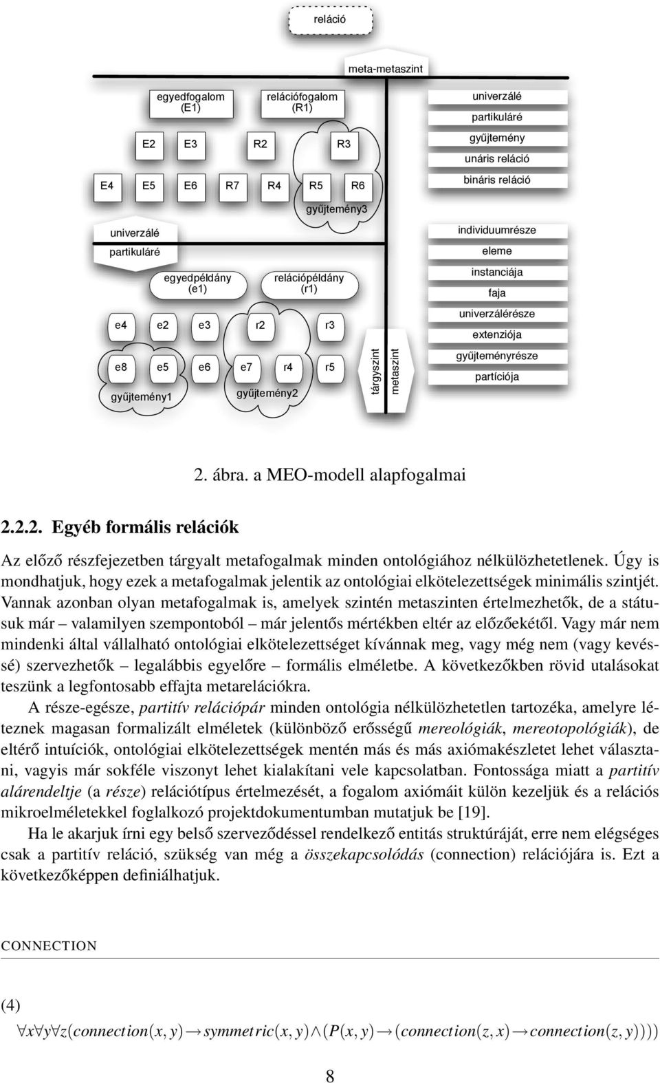 partíciója 2. ábra. a MEO-modell alapfogalmai 2.2.2. Egyéb formális relációk Az előző részfejezetben tárgyalt metafogalmak minden ontológiához nélkülözhetetlenek.