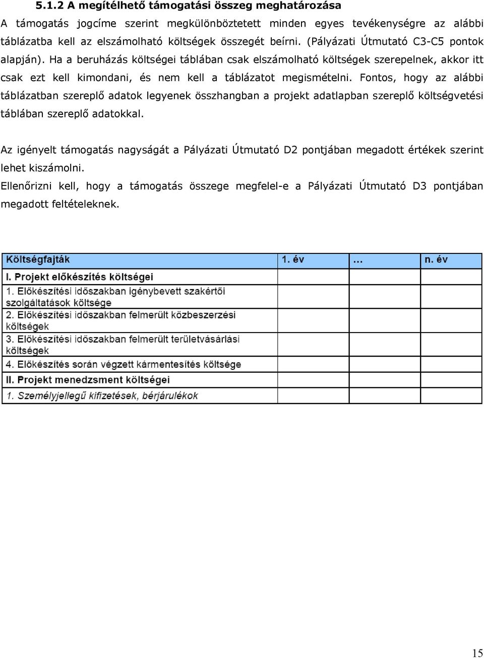 Ha a beruházás költségei táblában csak elszámolható költségek szerepelnek, akkor itt csak ezt kell kimondani, és nem kell a táblázatot megismételni.