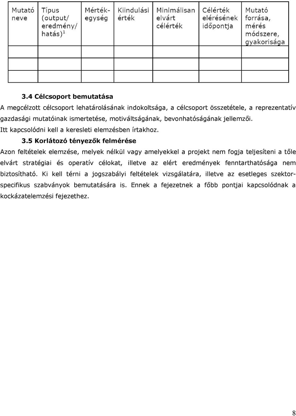 5 Korlátozó tényezők felmérése Azon feltételek elemzése, melyek nélkül vagy amelyekkel a projekt nem fogja teljesíteni a tőle elvárt stratégiai és operatív célokat,