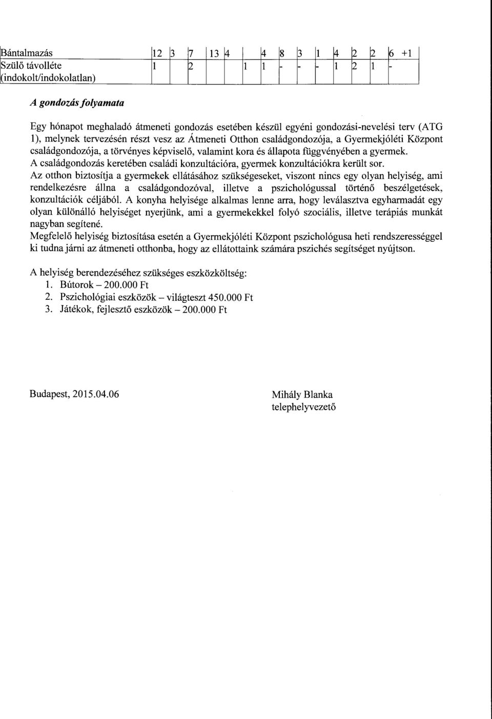 fúggvényében a gyermek. A családgondozás keretében családi konzultációra, gyermek konzultációkra került sor.