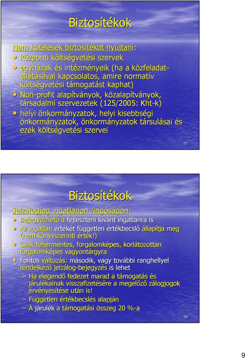 nyzatok, önkormányzatoknyzatok társulásai sai és ezek költsk ltségvetési szervei 17 Biztosítékok Jelzálogjog logjog ingatlanon /ingóságon gon: Bejegyezhető a fejleszteni kívánt k ingatlanra is Az