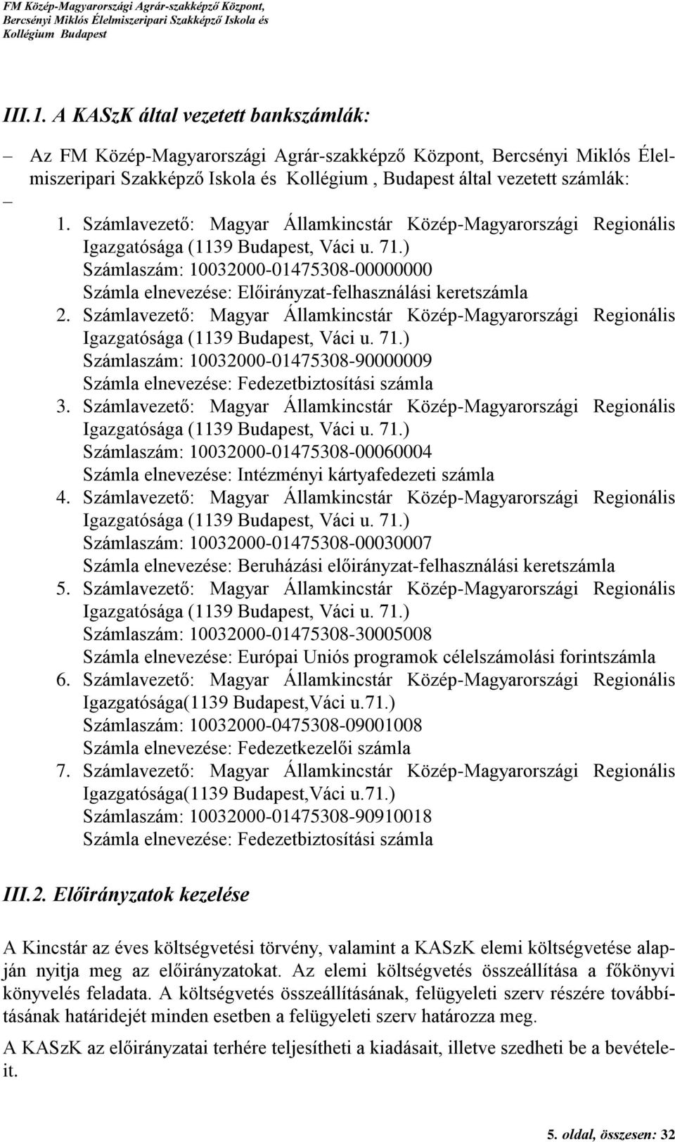 ) Számlaszám: 10032000-01475308-00000000 Számla elnevezése: Előirányzat-felhasználási keretszámla 2. ) Számlaszám: 10032000-01475308-90000009 Számla elnevezése: Fedezetbiztosítási számla 3.