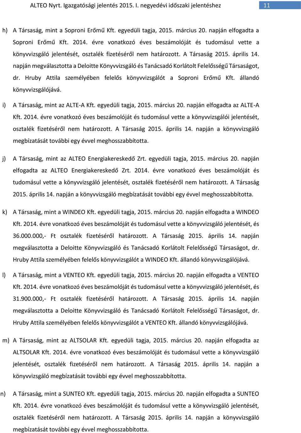 napján megválasztotta a Deloitte Könyvvizsgáló és Tanácsadó Korlátolt Felelősségű Társaságot, dr. Hruby Attila személyében felelős könyvvizsgálót a Soproni Erőmű Kft. állandó könyvvizsgálójává.