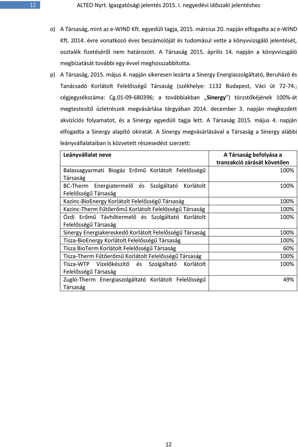 napján a könyvvizsgáló megbízatását további egy évvel meghosszabbította. p) A Társaság, 2015. május 4.