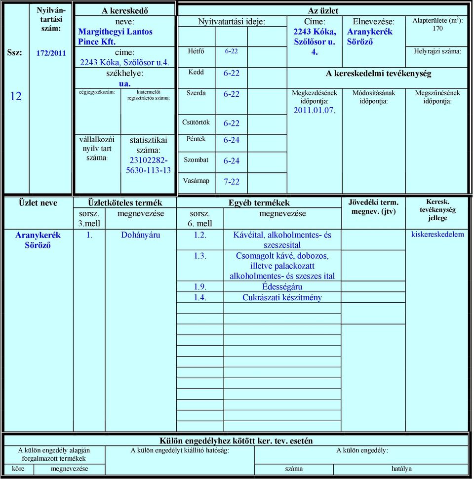 Elnevezése: Aranykerék Söröző Kedd 6-22 A kereskedelmi tevékenység Szerda 6-22 Csütörtök 6-22 2011.01.07.