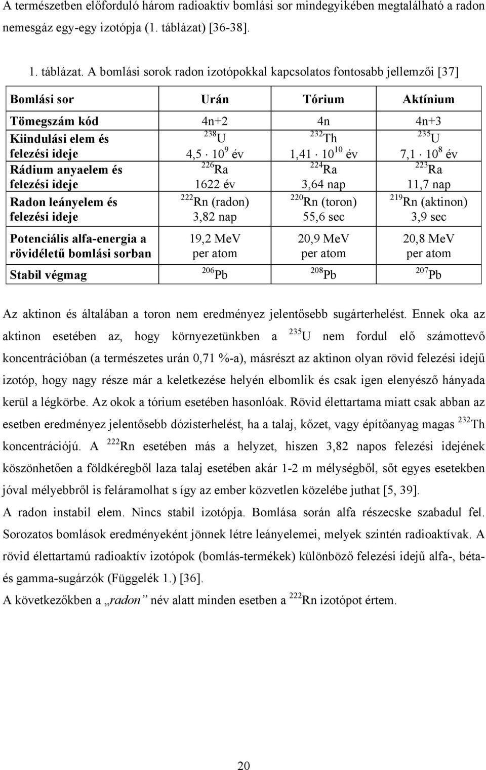 A bomlási sorok radon izotópokkal kapcsolatos fontosabb jellemzői [37] Bomlási sor Urán Tórium Aktínium Tömegszám kód 4n+2 4n 4n+3 Kiindulási elem és felezési ideje 238 U 4,5 10 9 év 232 Th 1,41 10