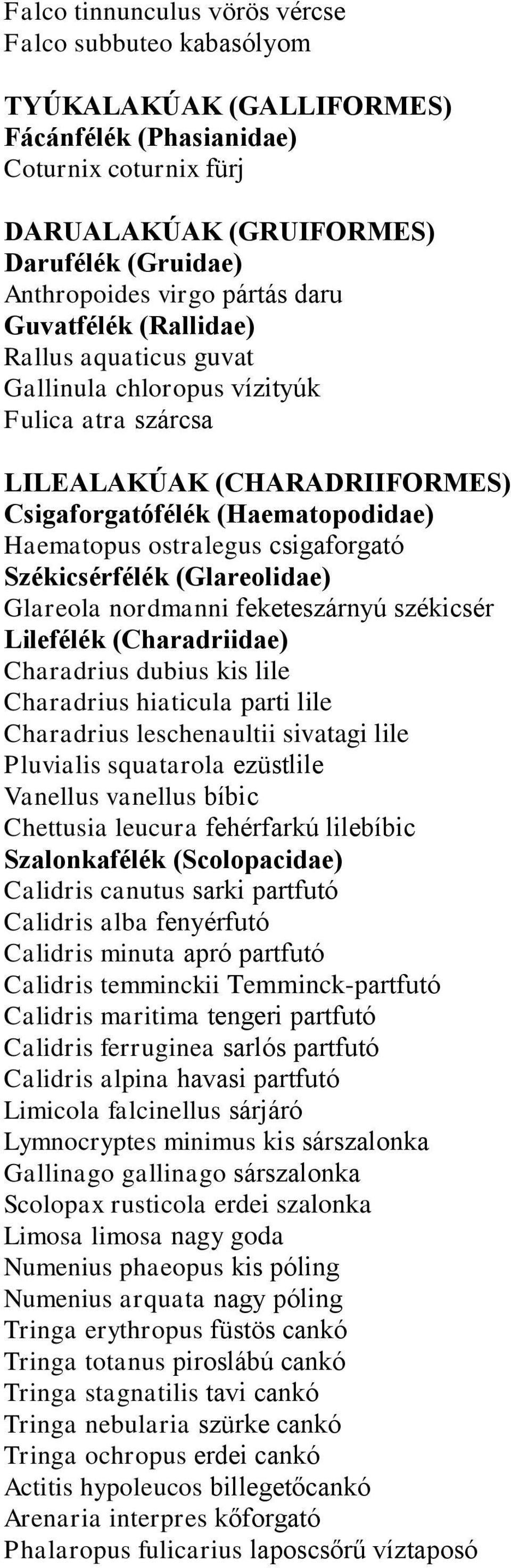 csigaforgató Székicsérfélék (Glareolidae) Glareola nordmanni feketeszárnyú székicsér Lilefélék (Charadriidae) Charadrius dubius kis lile Charadrius hiaticula parti lile Charadrius leschenaultii