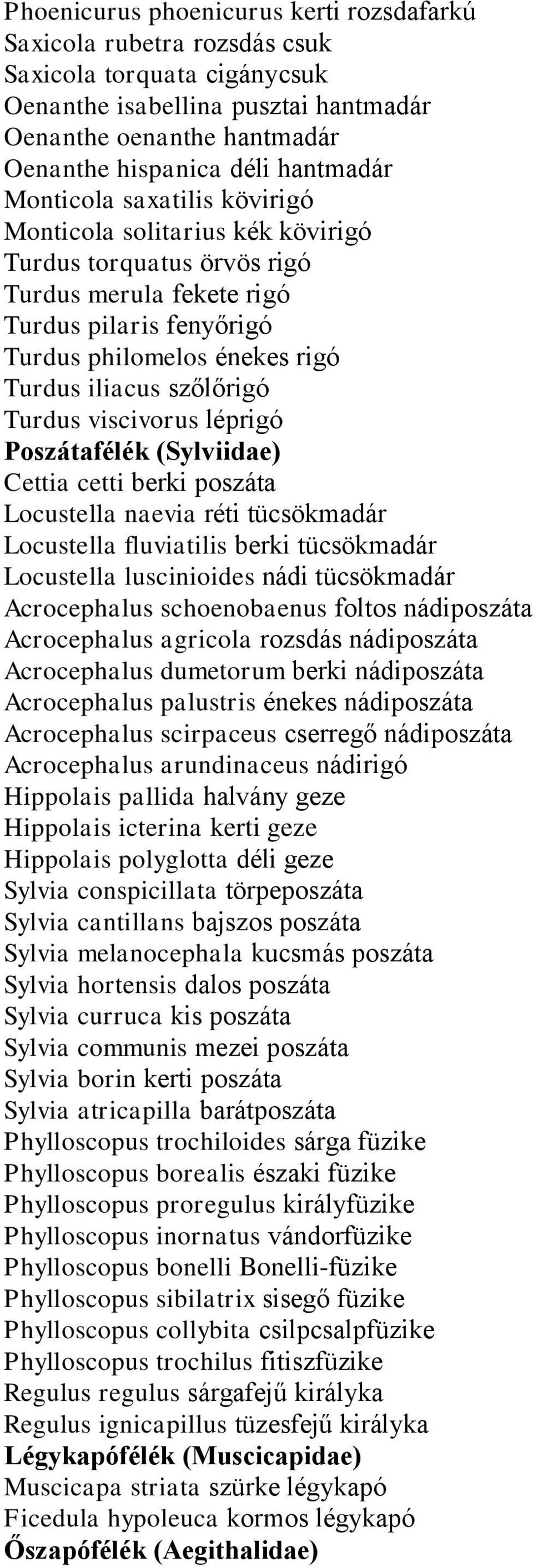 szőlőrigó Turdus viscivorus léprigó Poszátafélék (Sylviidae) Cettia cetti berki poszáta Locustella naevia réti tücsökmadár Locustella fluviatilis berki tücsökmadár Locustella luscinioides nádi