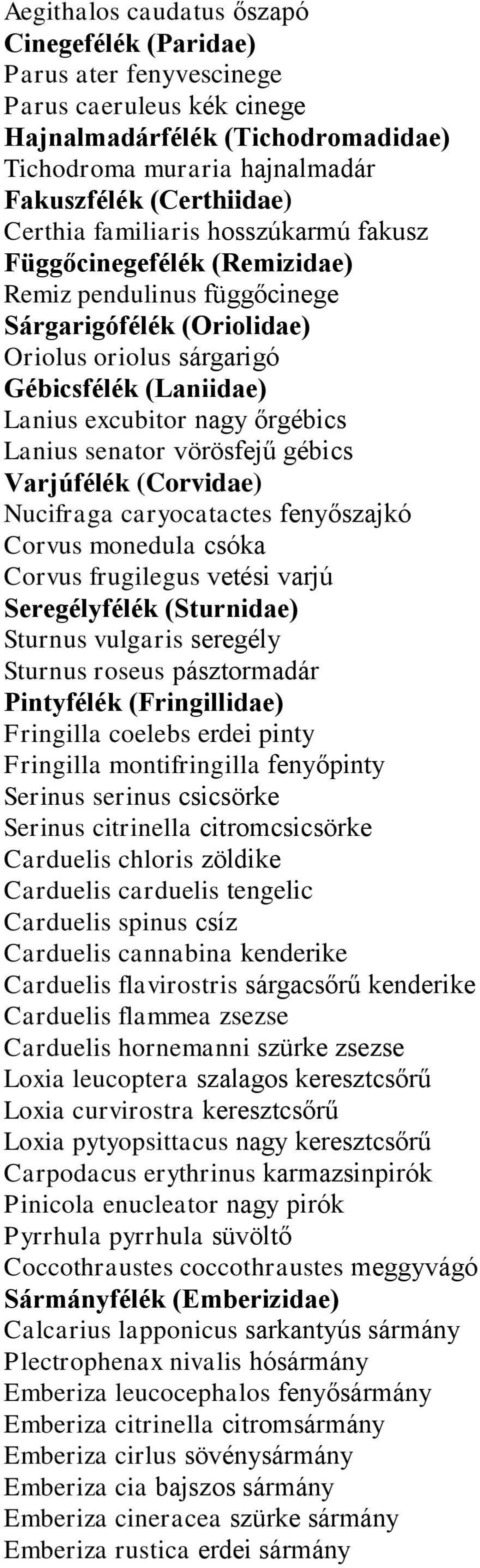 Lanius senator vörösfejű gébics Varjúfélék (Corvidae) Nucifraga caryocatactes fenyőszajkó Corvus monedula csóka Corvus frugilegus vetési varjú Seregélyfélék (Sturnidae) Sturnus vulgaris seregély