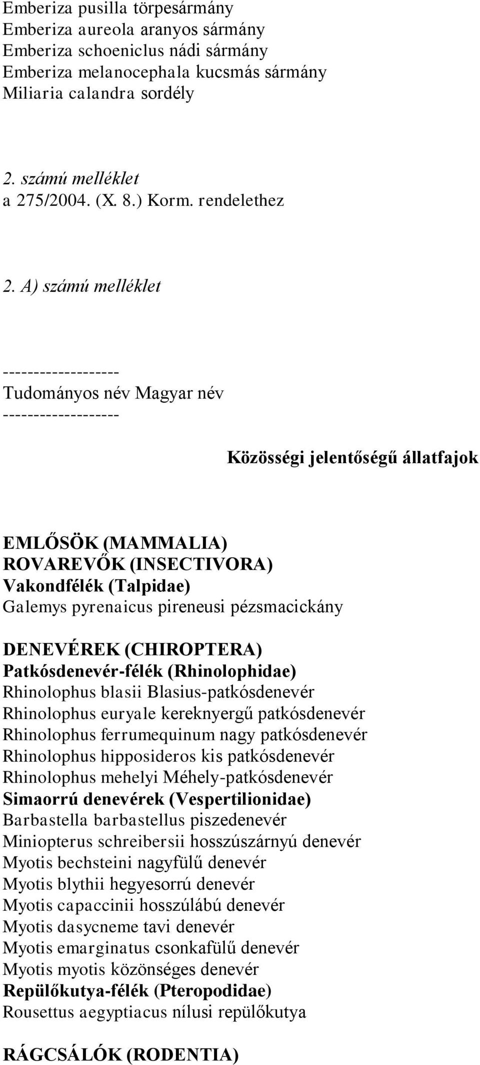 A) számú melléklet ------------------- Tudományos név Magyar név ------------------- Közösségi jelentőségű állatfajok EMLŐSÖK (MAMMALIA) ROVAREVŐK (INSECTIVORA) Vakondfélék (Talpidae) Galemys