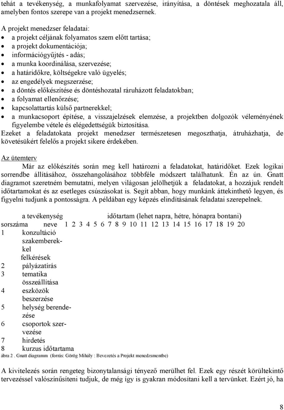 ügyelés; az engedélyek megszerzése; a döntés előkészítése és döntéshozatal ráruházott feladatokban; a folyamat ellenőrzése; kapcsolattartás külső partnerekkel; a munkacsoport építése, a