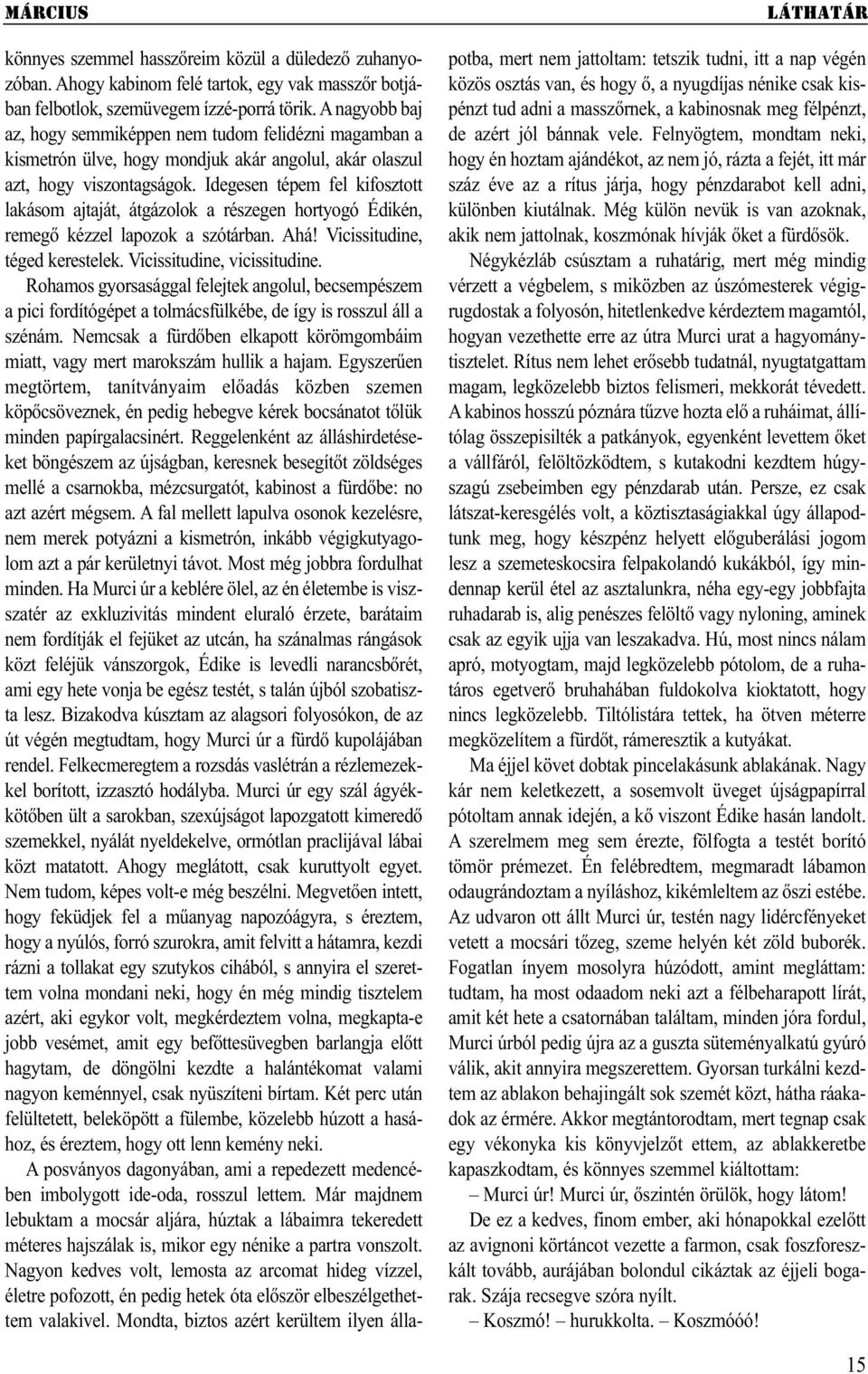 Idegesen tépem fel kifosztott lakásom ajtaját, átgázolok a részegen hortyogó Édikén, remegő kézzel lapozok a szótárban. Ahá! Vicissitudine, téged kerestelek. Vicissitudine, vicissitudine.