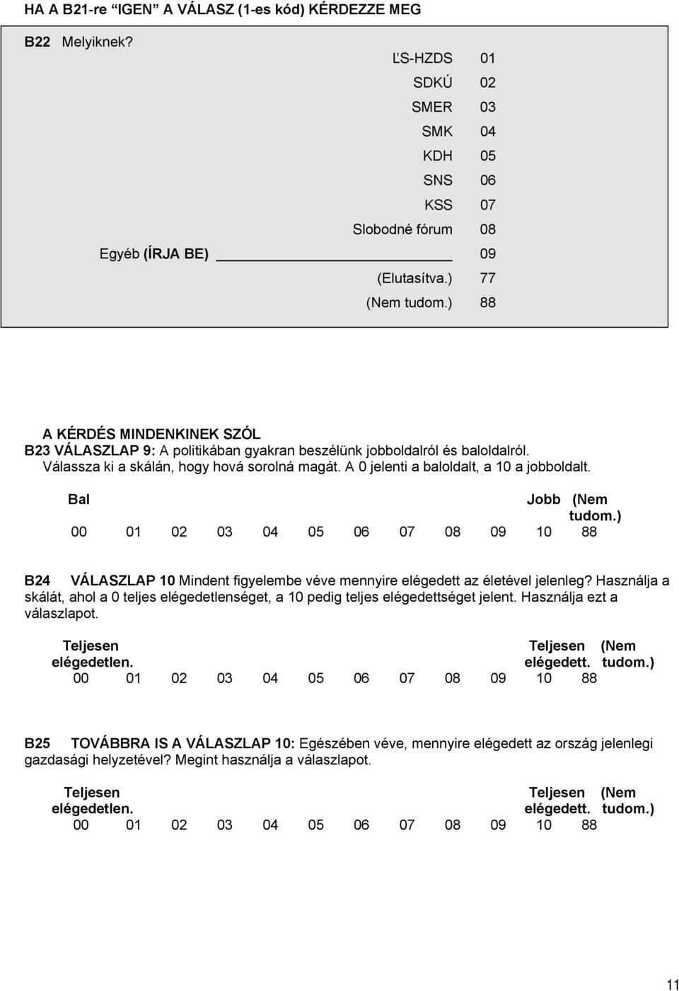 A 0 jelenti a baloldalt, a 10 a jobboldalt. Bal Jobb (Nem tudom.) 00 01 02 03 04 05 06 07 08 09 10 88 B24 VÁLASZLAP 10 Mindent figyelembe véve mennyire elégedett az életével jelenleg?