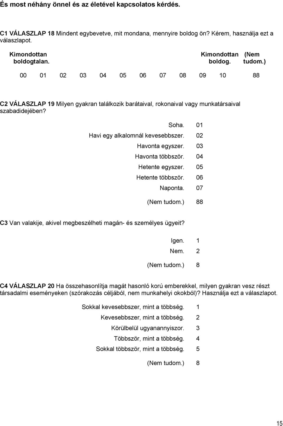 01 Havi egy alkalomnál kevesebbszer. 02 Havonta egyszer. 03 Havonta többször. 04 Hetente egyszer. 05 Hetente többször. 06 Naponta.