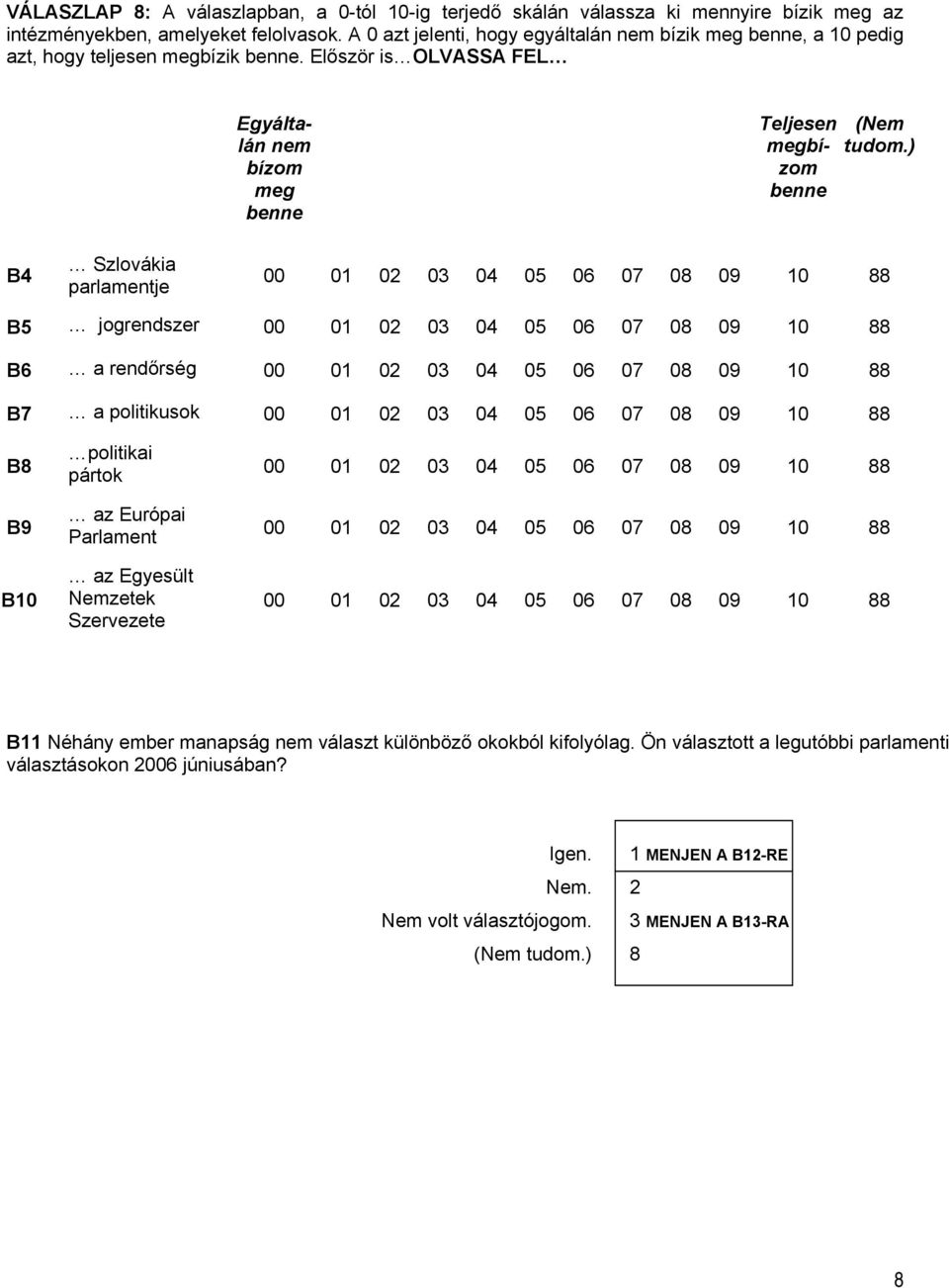 ) B4 Szlovákia parlamentje 00 01 02 03 04 05 06 07 08 09 10 88 B5 jogrendszer 00 01 02 03 04 05 06 07 08 09 10 88 B6 a rendőrség 00 01 02 03 04 05 06 07 08 09 10 88 B7 a politikusok 00 01 02 03 04 05