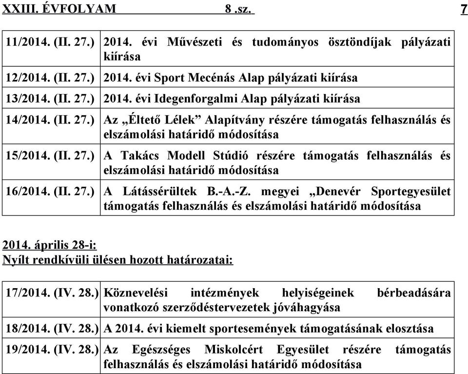 (II. 27.) A Látássérültek B.-A.-Z. megyei Denevér Sportegyesület támogatás felhasználás és elszámolási határidő módosítása 2014. április 28-i: Nyílt rendkívüli ülésen hozott határozatai: 17/2014. (IV.