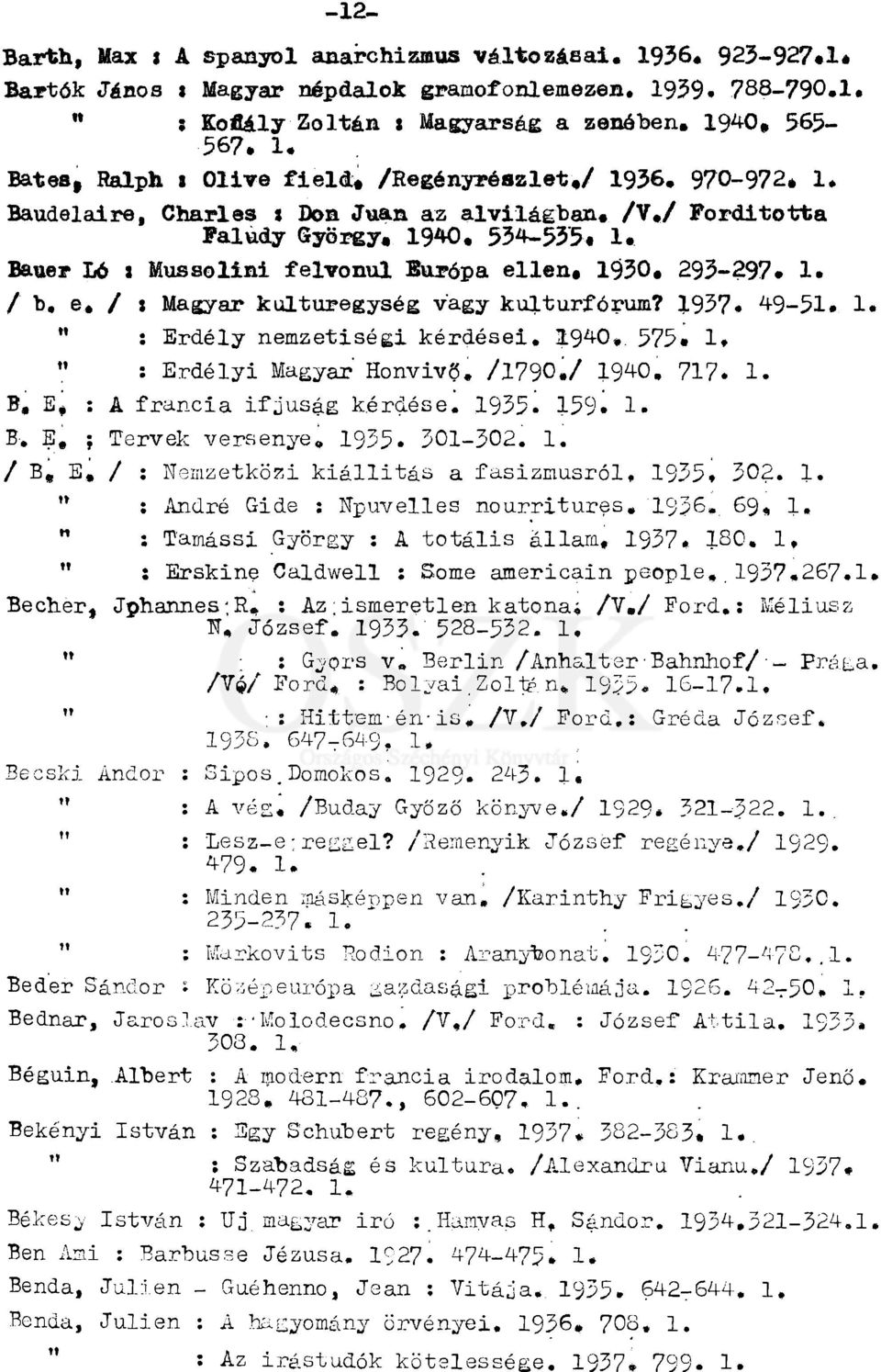 1940, 534-535, 1, Bauer Ló Mussolini felvonul Európa ellen, 1930, 293-297, 1, / b, e, / : Magyar kulturegység vagy kulturfórum? 1937«49-51, 1. " : Erdély nemzetiségi kérdései. 1940». 575, 1.