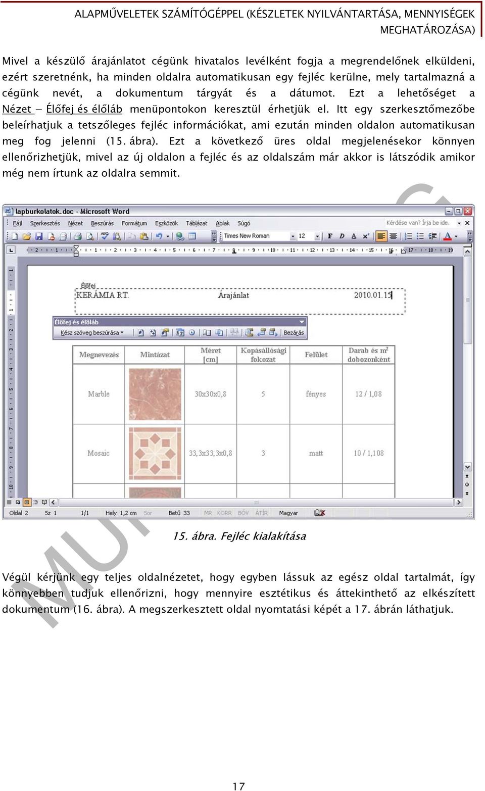 Itt egy szerkesztőmezőbe beleírhatjuk a tetszőleges fejléc információkat, ami ezután minden oldalon automatikusan meg fog jelenni (15. ábra).