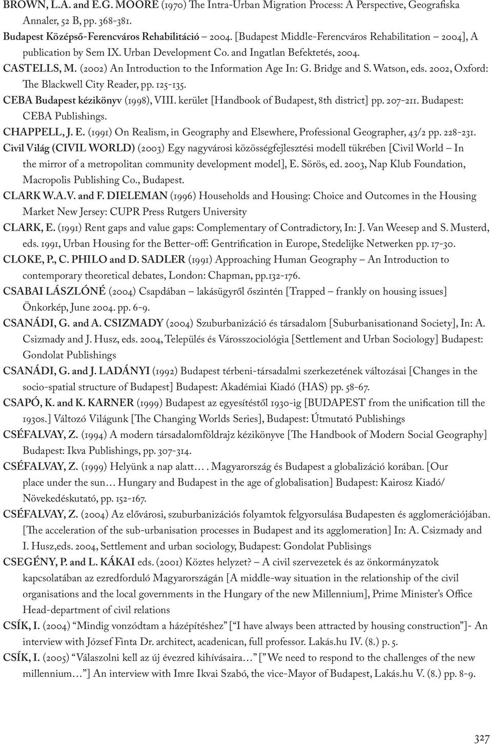 Bridge and S. Watson, eds. 2002, Oxford: The Blackwell City Reader, pp. 125-135. CEBA Budapest kézikönyv (1998), VIII. kerület [Handbook of Budapest, 8th district] pp. 207-211.