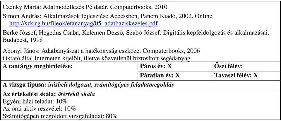 Budapest, 1998 Abonyi János: Adatbányászat a hatékonyság eszköze. Computerbooks, 2006 Oktató által Interneten kijelölt, illetve közvetlenül biztosított segédanyag.