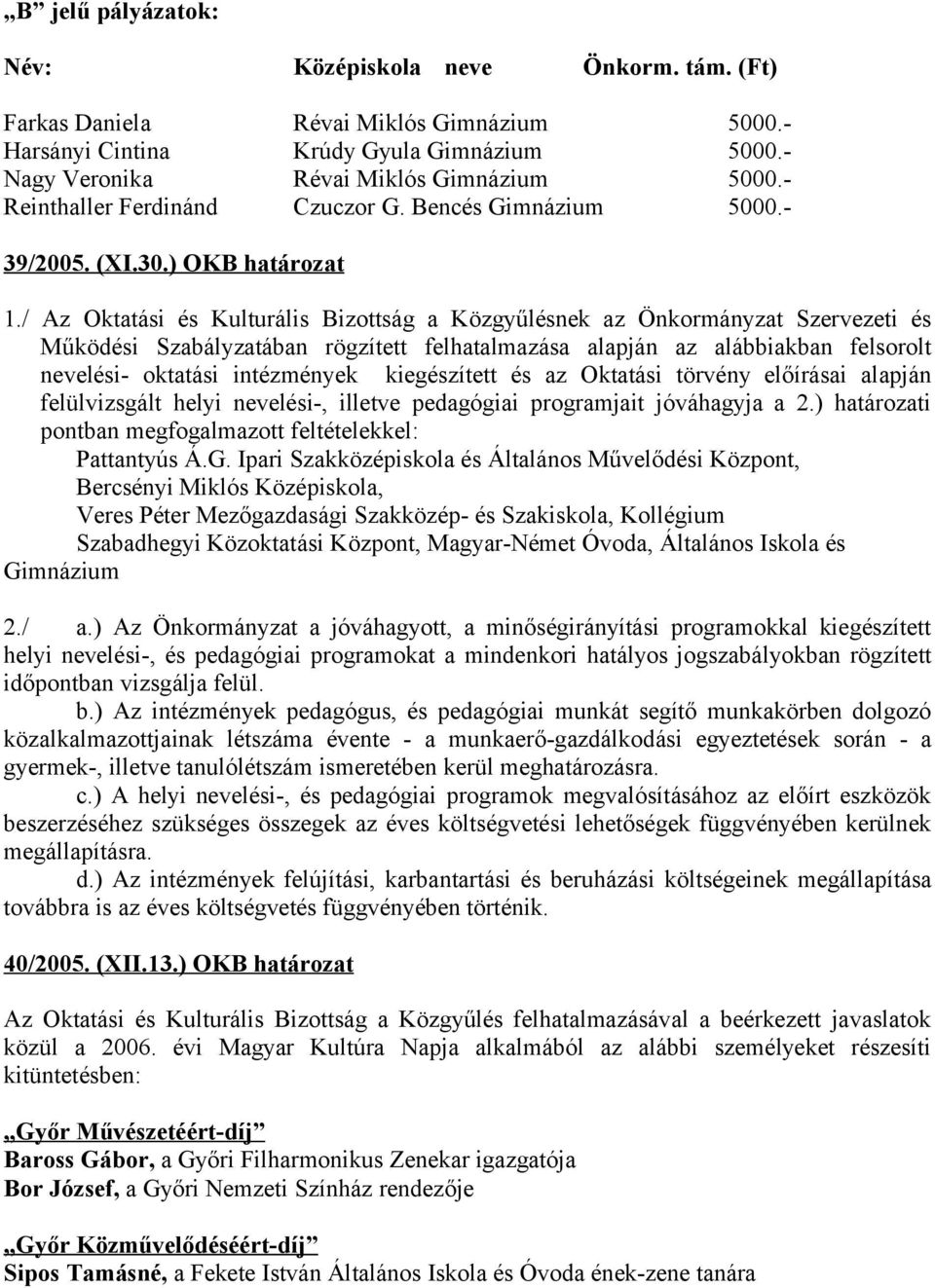 / Az Oktatási és Kulturális Bizottság a Közgyűlésnek az Önkormányzat Szervezeti és Működési Szabályzatában rögzített felhatalmazása alapján az alábbiakban felsorolt nevelési- oktatási intézmények