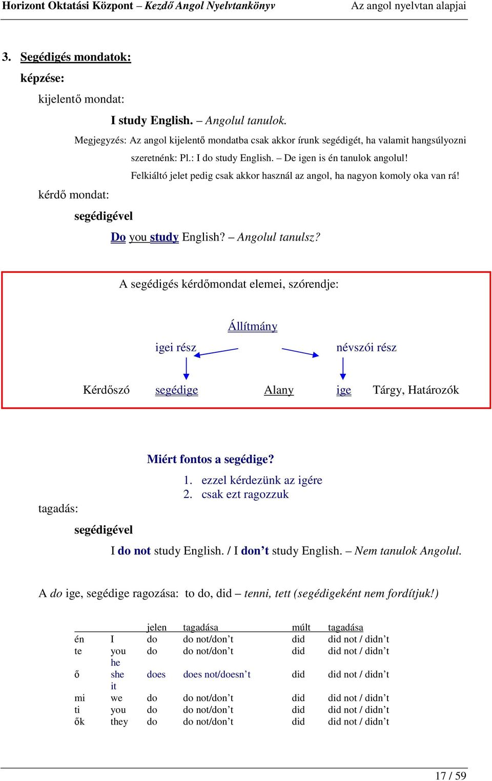 Felkiáltó jelet pedig csak akkor használ az angol, ha nagyon komoly oka van rá! kérdı mondat: segédigével Do you study English? Angolul tanulsz?