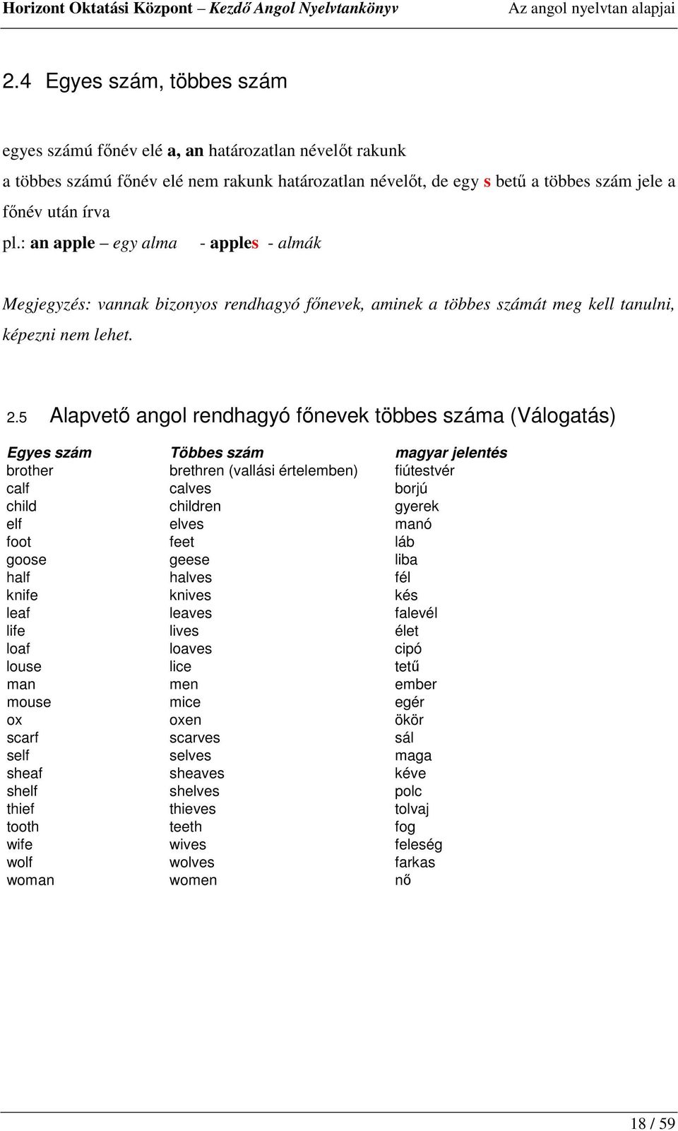: an apple egy alma - apples - almák Megjegyzés: vannak bizonyos rendhagyó fınevek, aminek a többes számát meg kell tanulni, képezni nem lehet. 2.