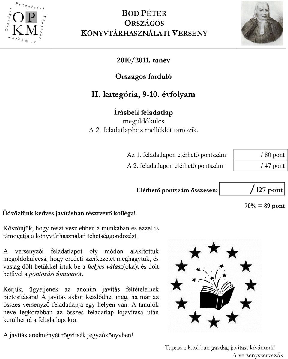 Elérhető pontszám összesen: /127 pont 70% = 89 pont Köszönjük, hogy részt vesz ebben a munkában és ezzel is támogatja a könyvtárhasználati tehetséggondozást.