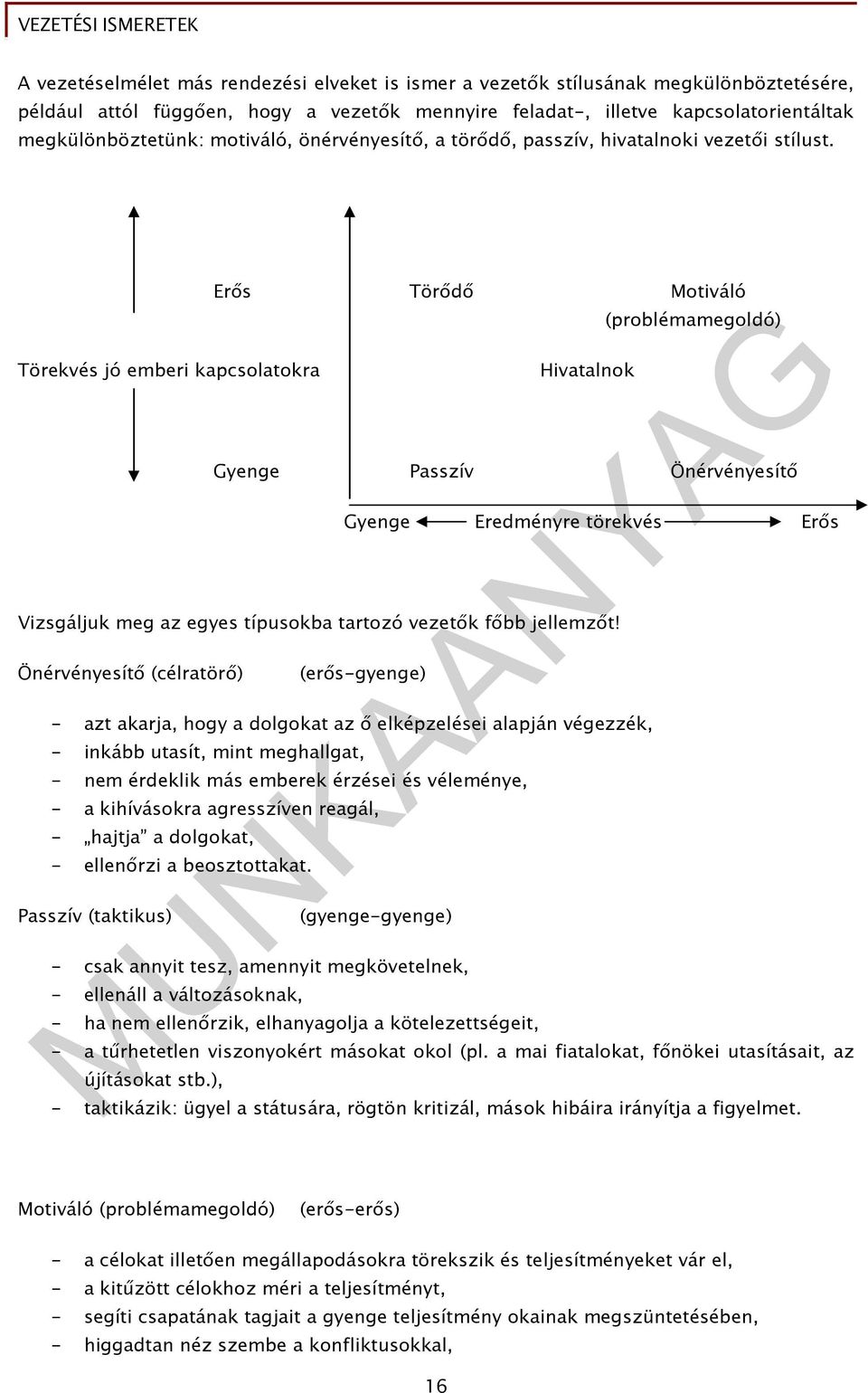 Törekvés jó emberi kapcsolatokra Erıs Törıdı Motiváló (problémamegoldó) Hivatalnok Gyenge Passzív Önérvényesítı Gyenge Eredményre törekvés Erıs Vizsgáljuk meg az egyes típusokba tartozó vezetık fıbb