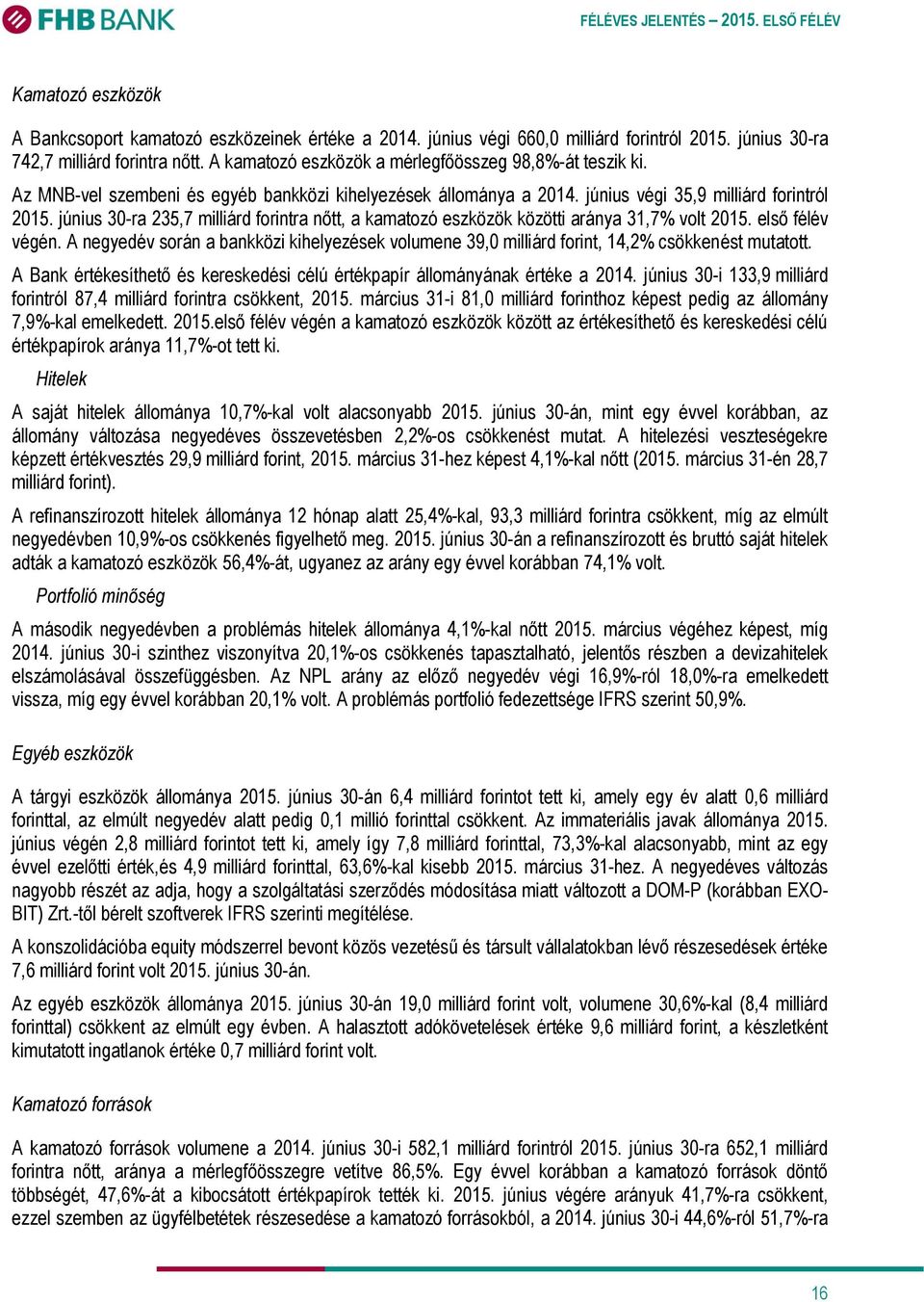 június 30-ra 235,7 milliárd forintra nőtt, a kamatozó eszközök közötti aránya 31,7% volt 2015. első félév végén.