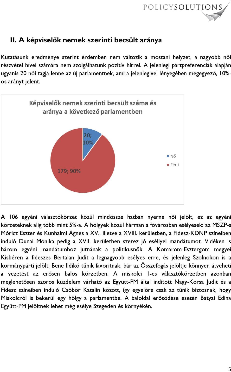 A 106 egyéni választókörzet közül mindössze hatban nyerne női jelölt, ez az egyéni körzeteknek alig több mint 5%-a.