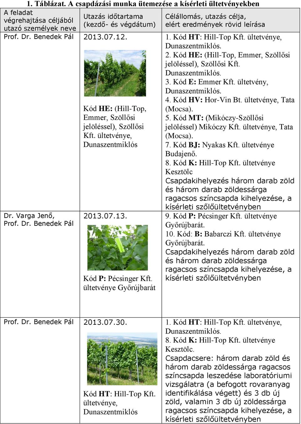 ültetvénye Győrújbarát Célállomás, utazás célja, elért eredmények rövid leírása 1. Kód HT: Hill-Top Kft. ültetvénye, 2. Kód HE: (Hill-Top, Emmer, Szöllősi jelöléssel), Szöllősi Kft. 3.