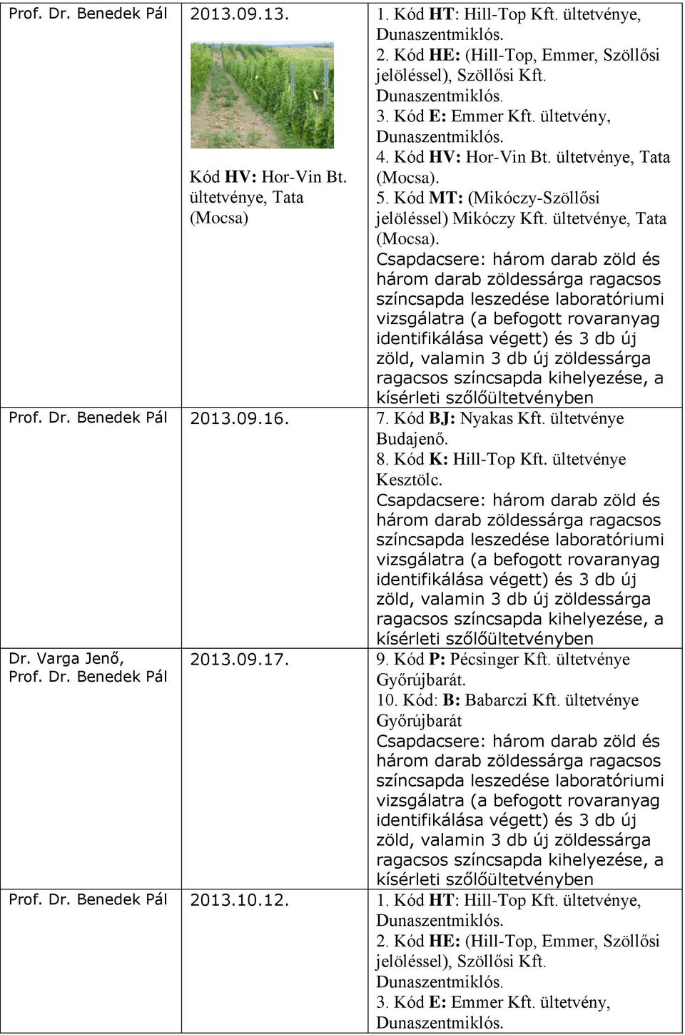 Kód BJ: Nyakas Kft. ültetvénye Budajenő. 8. Kód K: Hill-Top Kft. ültetvénye Kesztölc. Dr. Varga Jenő, Prof. Dr. Benedek Pál 213.9.17. 9. Kód P: Pécsinger Kft. ültetvénye Győrújbarát. 1.