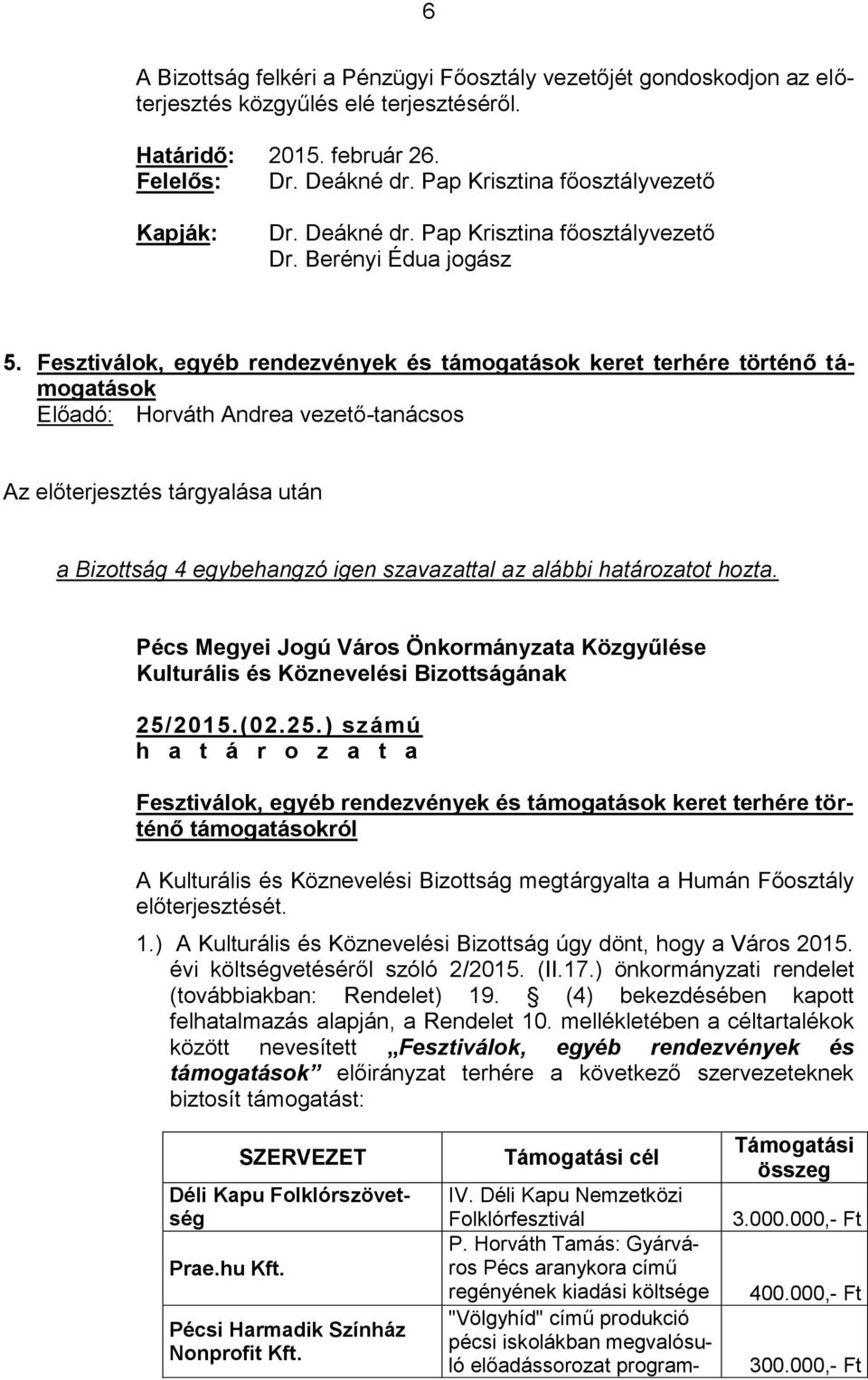 Fesztiválok, egyéb rendezvények és támogatások keret terhére történő támogatások Előadó: Horváth Andrea vezető-tanácsos a Bizottság 4 egybehangzó igen szavazattal az alábbi határozatot hozta. 25/2015.