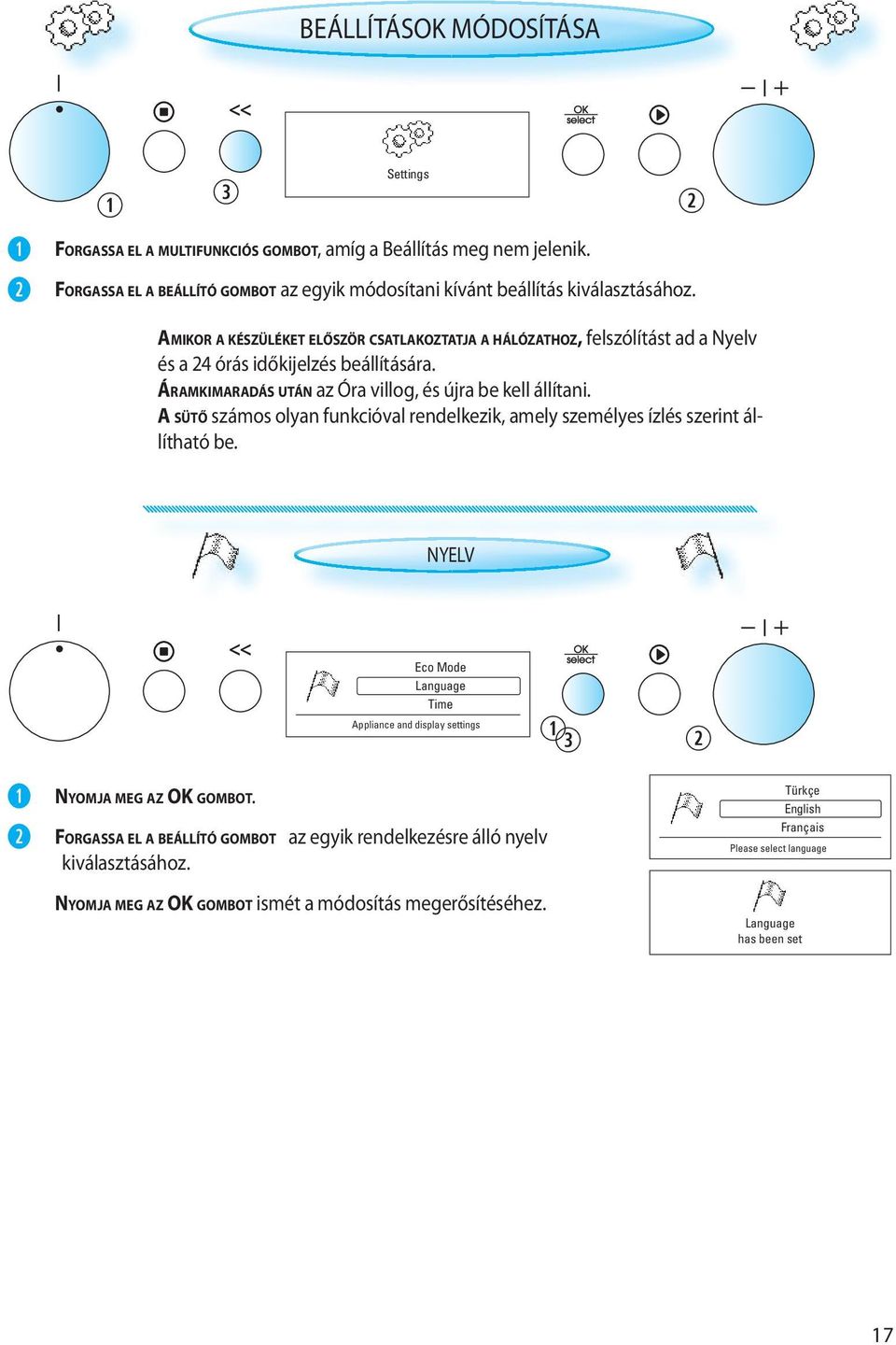 A SÜTŐ számos olyan funkcióval rendelkezik, amely személyes ízlés szerint állítható be. NYELV Eco Mode Language Time Appliance and display settings NYOMJA MEG AZ OK GOMBOT.