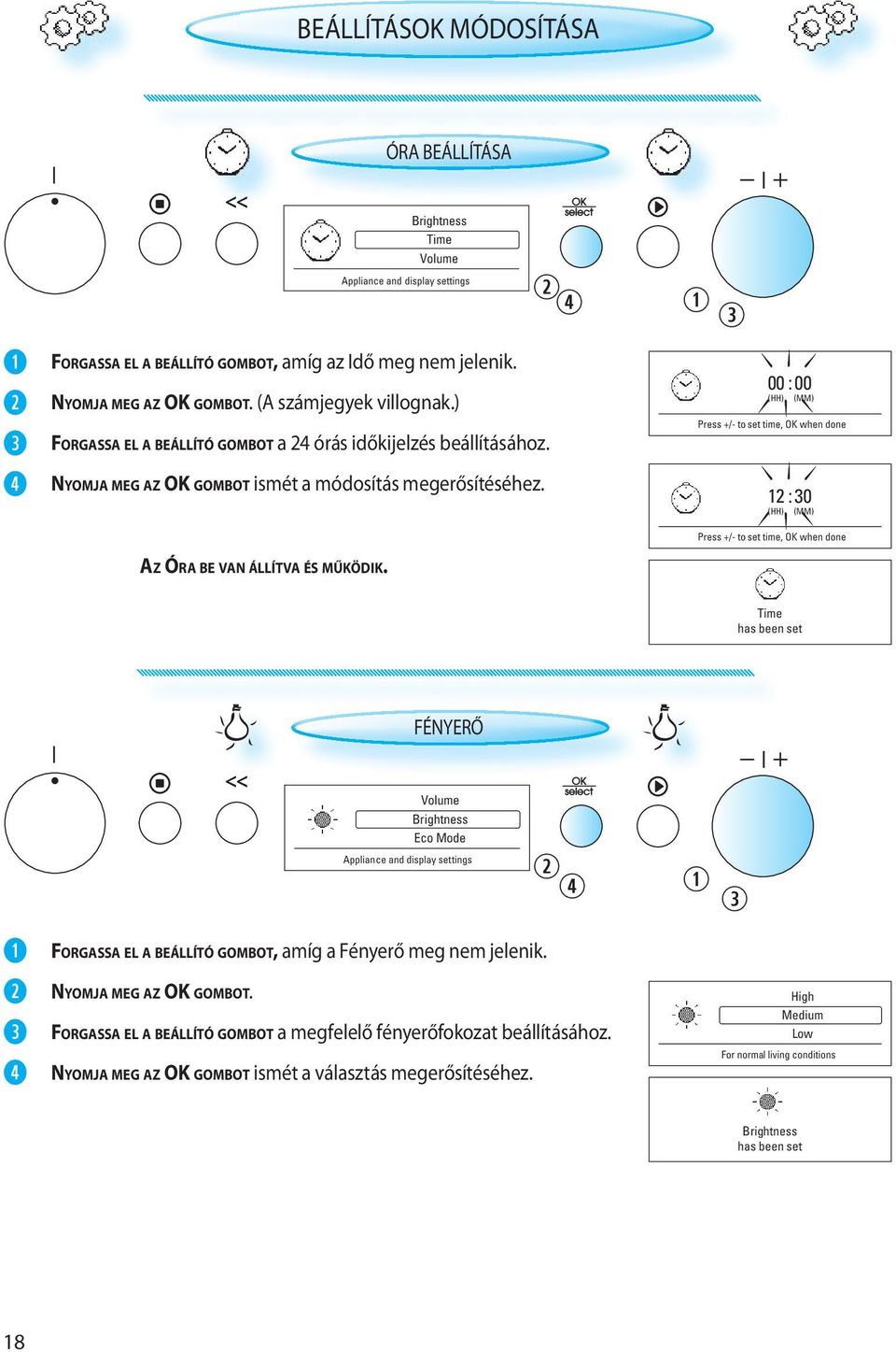 00 : 00 (HH) (MM) Press +/- to set time, OK when done 12 : 30 (HH) (MM) Press +/- to set time, OK when done Time has been set FÉNYERŐ Volume Brightness Eco Mode Appliance and display settings