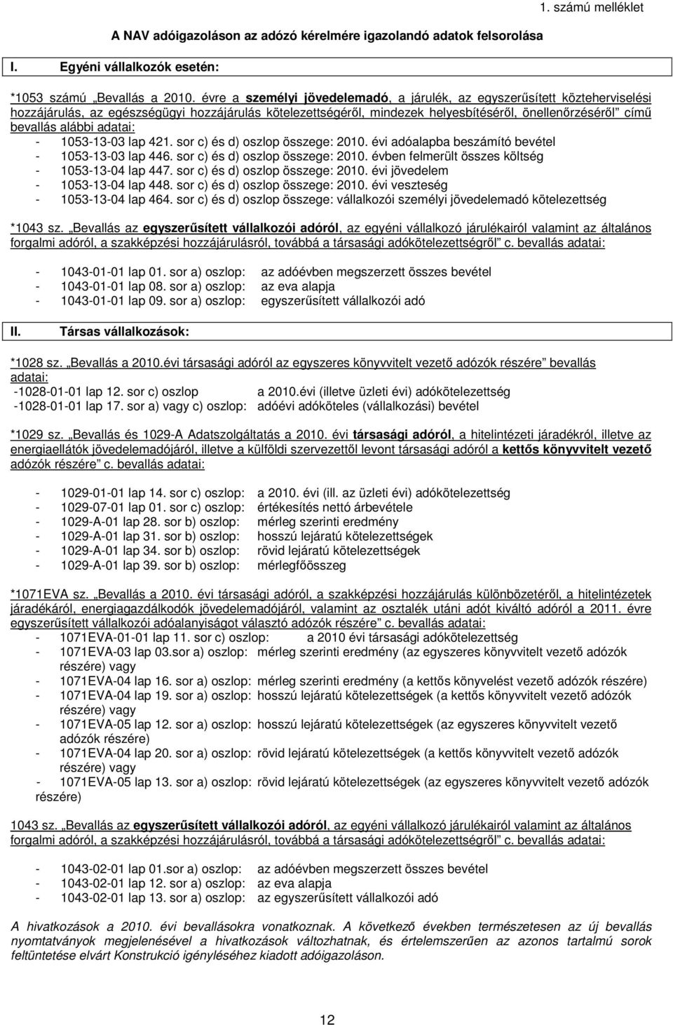 alábbi adatai: - 1053-13-03 lap 421. sor c) és d) oszlop összege: 2010. évi adóalapba beszámító bevétel - 1053-13-03 lap 446. sor c) és d) oszlop összege: 2010. évben felmerült összes költség - 1053-13-04 lap 447.
